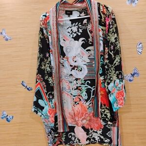 Floral Pattern Open Kimono Robe- Black with Coral & Teal
